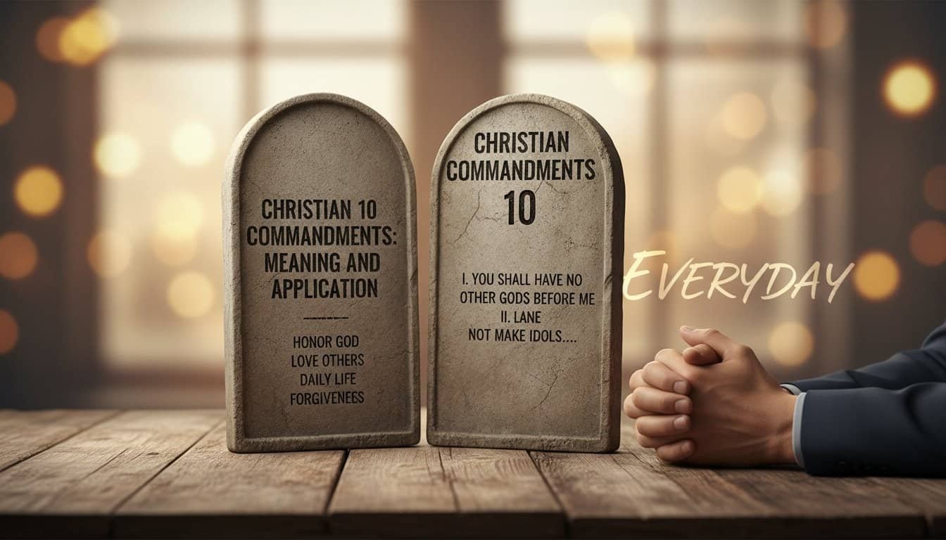 Image showing two stones engraved with Christian commandments on a wooden table with a praying person nearby, symbolizing faith, devotion, and daily spiritual practice.