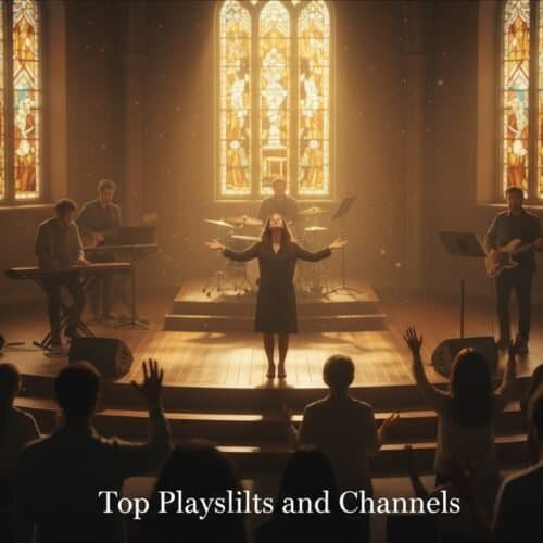 Inspirational church worship scene with a singer and band in front of a stained glass window, emphasizing faith-based music, worship songs, and Christian playlists.