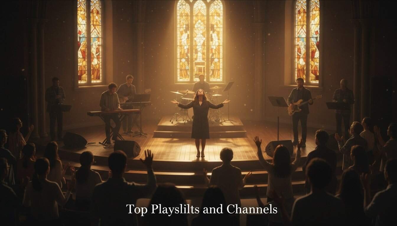 Inspirational church worship scene with a singer and band in front of a stained glass window, emphasizing faith-based music, worship songs, and Christian playlists.