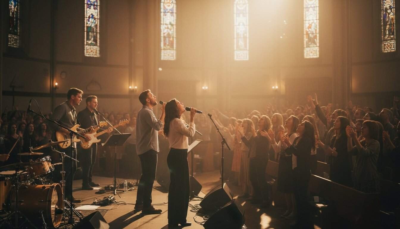 Alt text: A vibrant church worship scene with a band and congregation singing praises, illuminated by warm sunlight streaming through stained glass windows, emphasizing devotion and community.