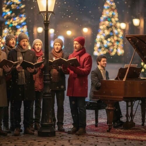 Christmas Songs Lyrics in English: Top Carols With Full Words My Bible Song 2026 A group of men singing Christmas carols outdoors at night with decorated Christmas trees and streetlights, creating a festive holiday scene for Christmas worship and celebration.