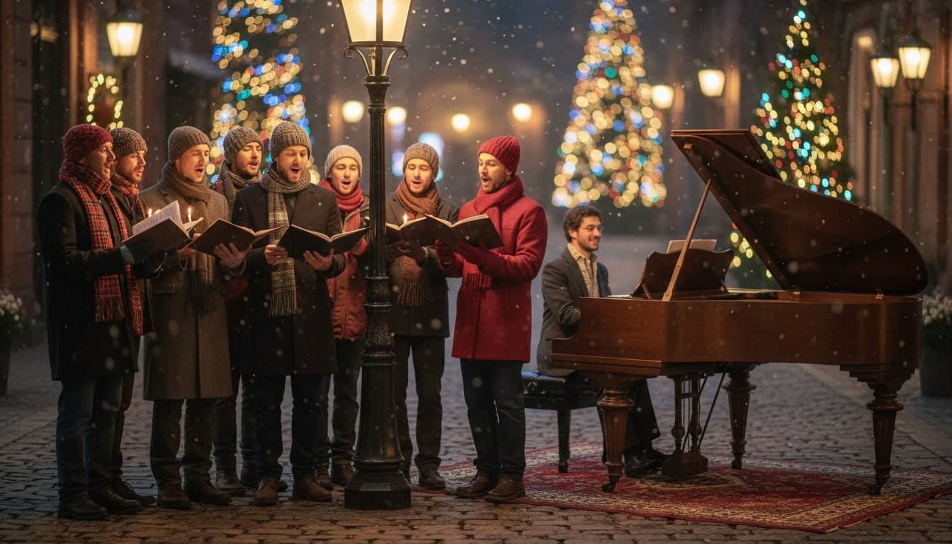 A group of men singing Christmas carols outdoors at night with decorated Christmas trees and streetlights, creating a festive holiday scene for Christmas worship and celebration.