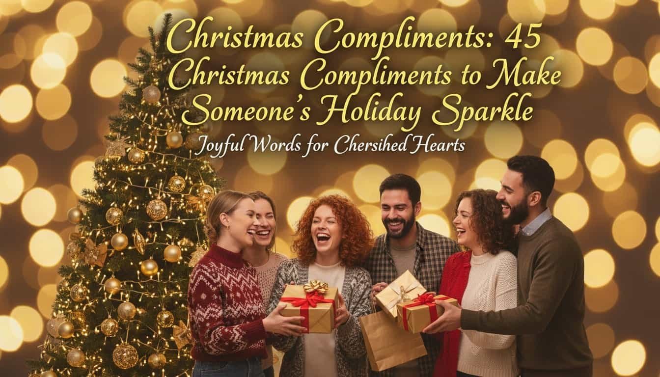 Festive group of friends exchanging holiday gifts around a decorated Christmas tree with warm bokeh background, capturing joyful Christmas spirit and winter holiday cheer.