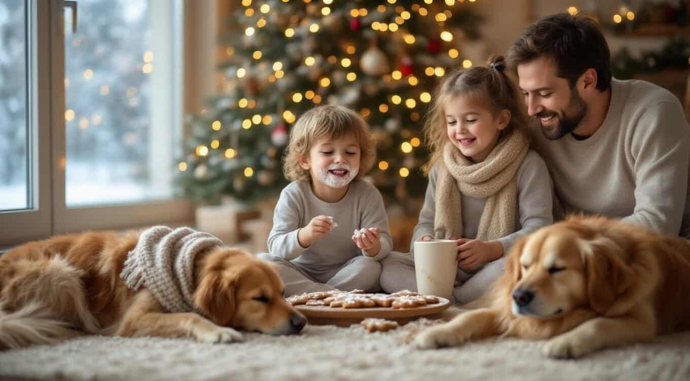 Crismistmas Card Ideas and Messages: Cute, Funny, and Heartfelt Wishes My Bible Song 2026 Cute family enjoying Christmas with kids, dogs, Christmas tree, cookies, and warm holiday atmosphere, celebrating faith and love during the holiday season.