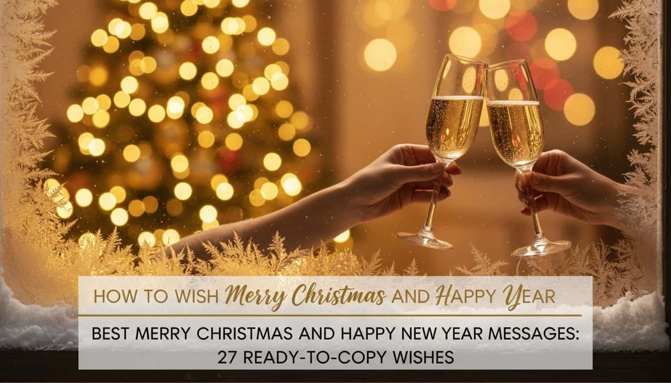 Festive holiday scene with sparkling champagne glasses and a Christmas tree, perfect for sharing Merry Christmas and Happy New Year messages, and holiday cheer.