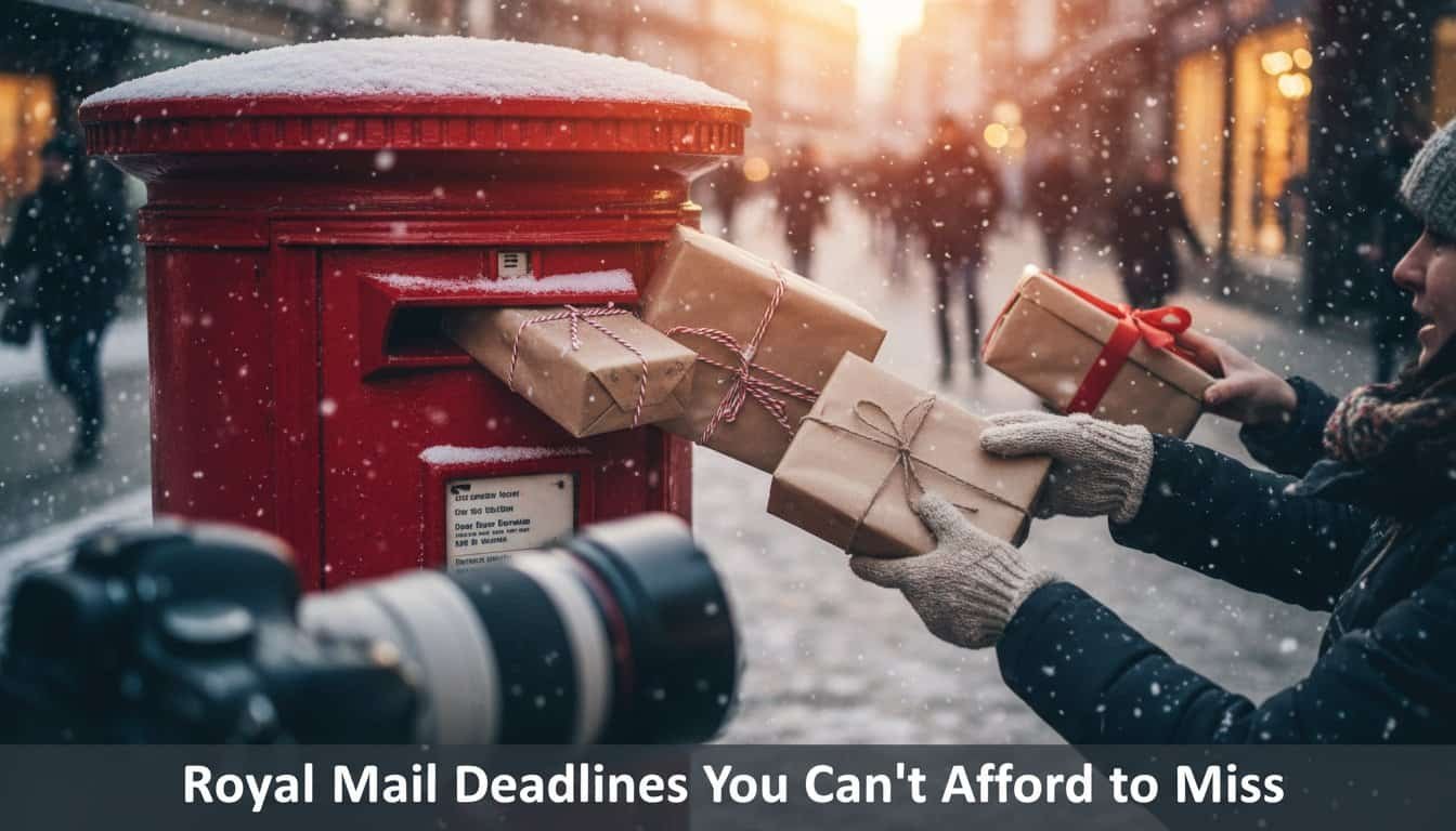 A person places wrapped presents into a red mailbox outdoors during winter. Snow is falling, and people are in the background. The scene captures holiday generosity and festive spirit.