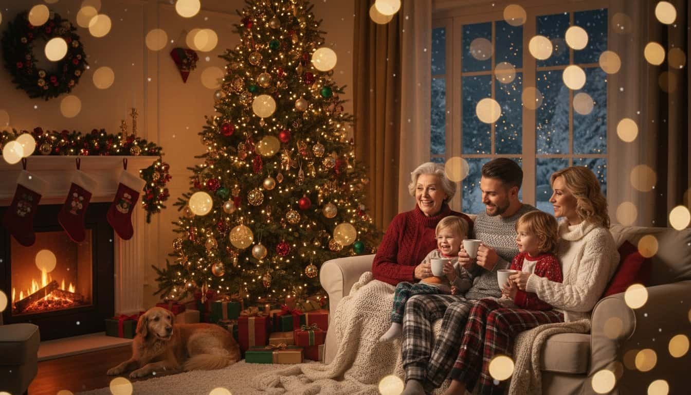 A family of five enjoying Christmas at home with a decorated tree, cozy fireplace, and festive holiday decor. They are singing and celebrating together with smiles and warm drinks, creating joyful holiday memories.