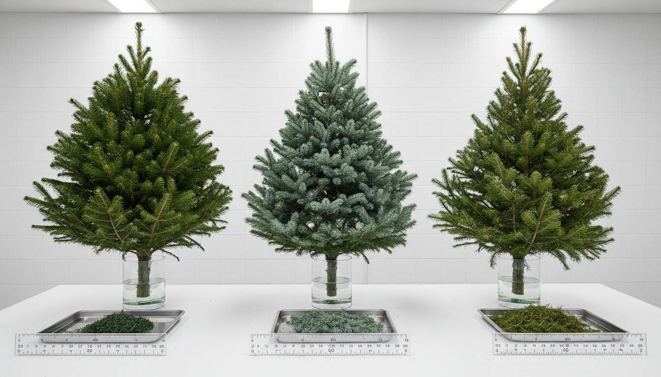 Alt text: Three different styles of Christmas trees in glass vases with measuring scales, showcasing natural and artificial pine trees for holiday decoration.