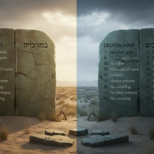 Inspiring biblical commandments on stone tablets in a desert landscape, symbolizing the ten commandments from Exodus and Deuteronomy, perfect for Christian devotion, faith, and religious learning.