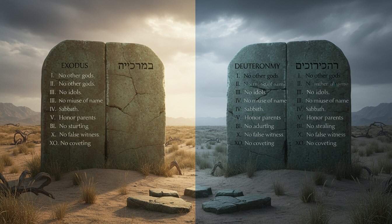 Inspiring biblical commandments on stone tablets in a desert landscape, symbolizing the ten commandments from Exodus and Deuteronomy, perfect for Christian devotion, faith, and religious learning.