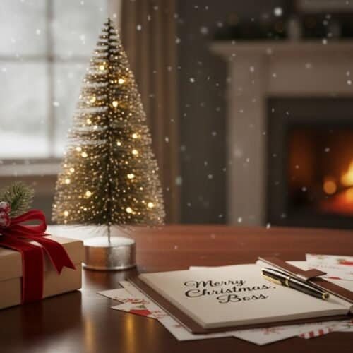 Cozy Christmas scene with decorated tree, gift box, and handwritten "Merry Christmas Boss" card on a wooden table near a warm fireplace, capturing the festive holiday spirit.