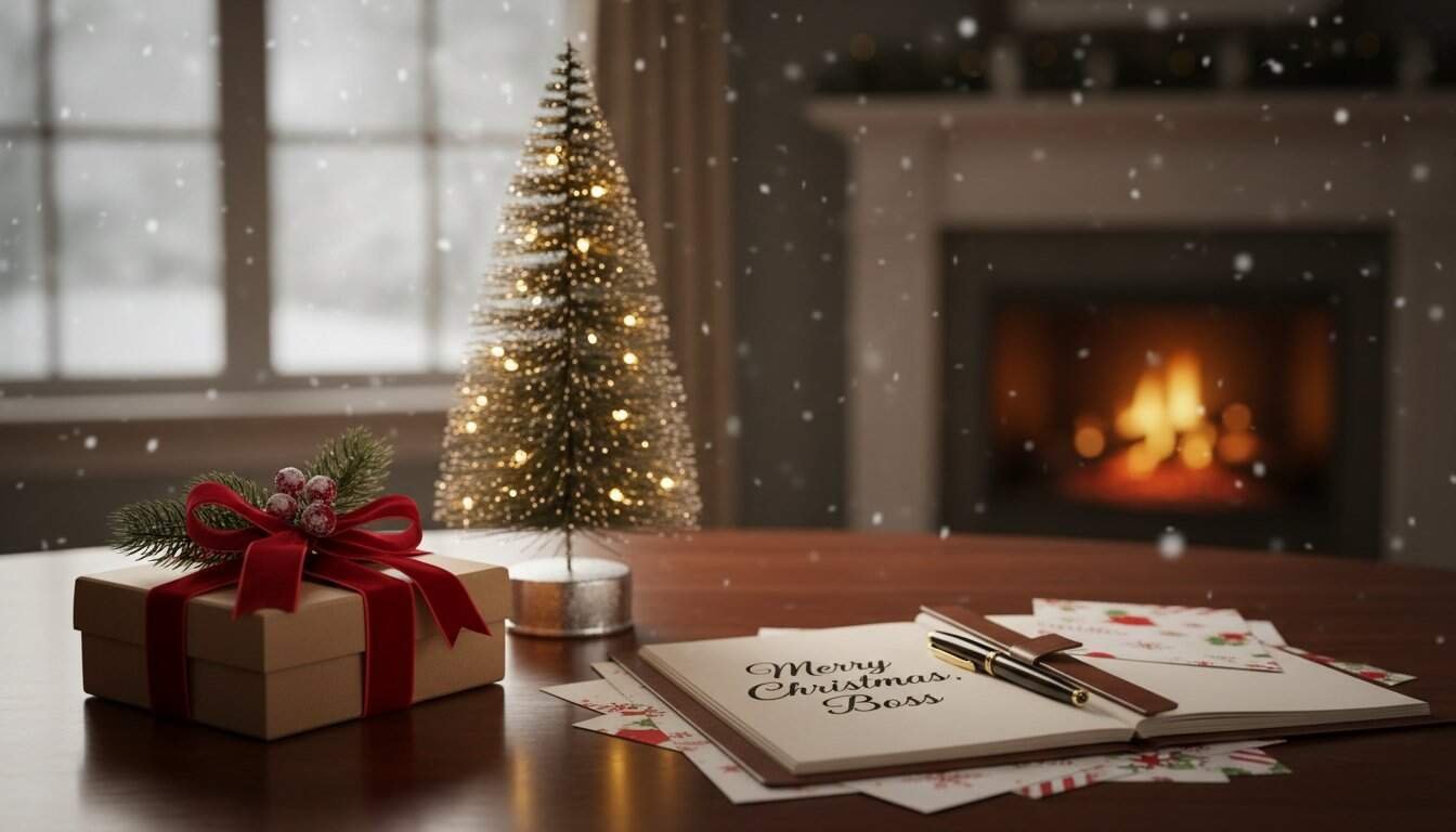 Cozy Christmas scene with decorated tree, gift box, and handwritten "Merry Christmas Boss" card on a wooden table near a warm fireplace, capturing the festive holiday spirit.