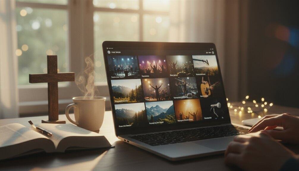Responsive alt: Person browsing Christian worship songs and Bible music videos on a laptop, with a cross, steaming coffee, and open Bible nearby, amid cozy, softly lit home decor.