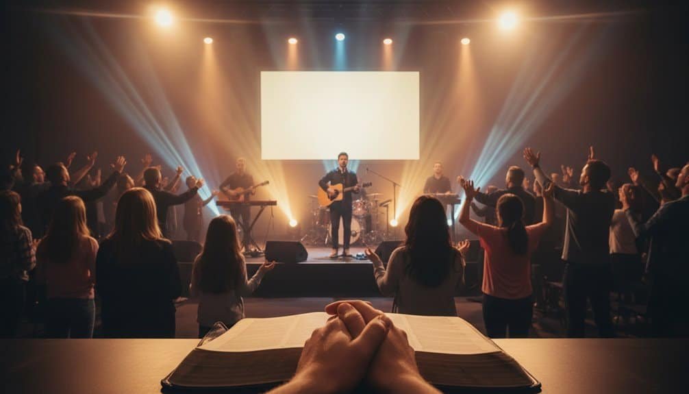 Inspiring Christian worship music scene with a live band and congregation in worship, emphasizing faith and devotion.