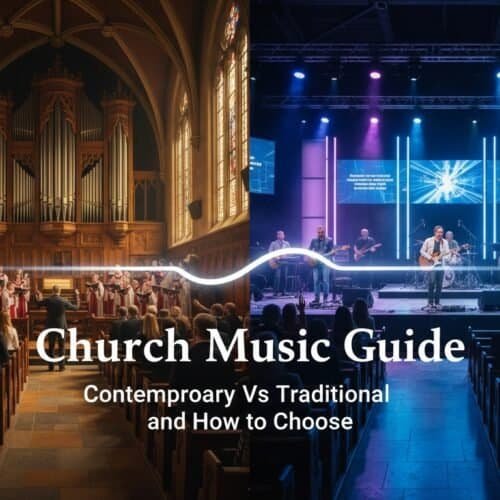 Vibrant church music scene featuring choir and contemporary band, highlighting worship styles at church services.