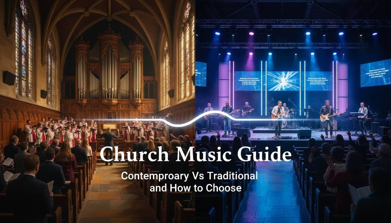 Vibrant church music scene featuring choir and contemporary band, highlighting worship styles at church services.