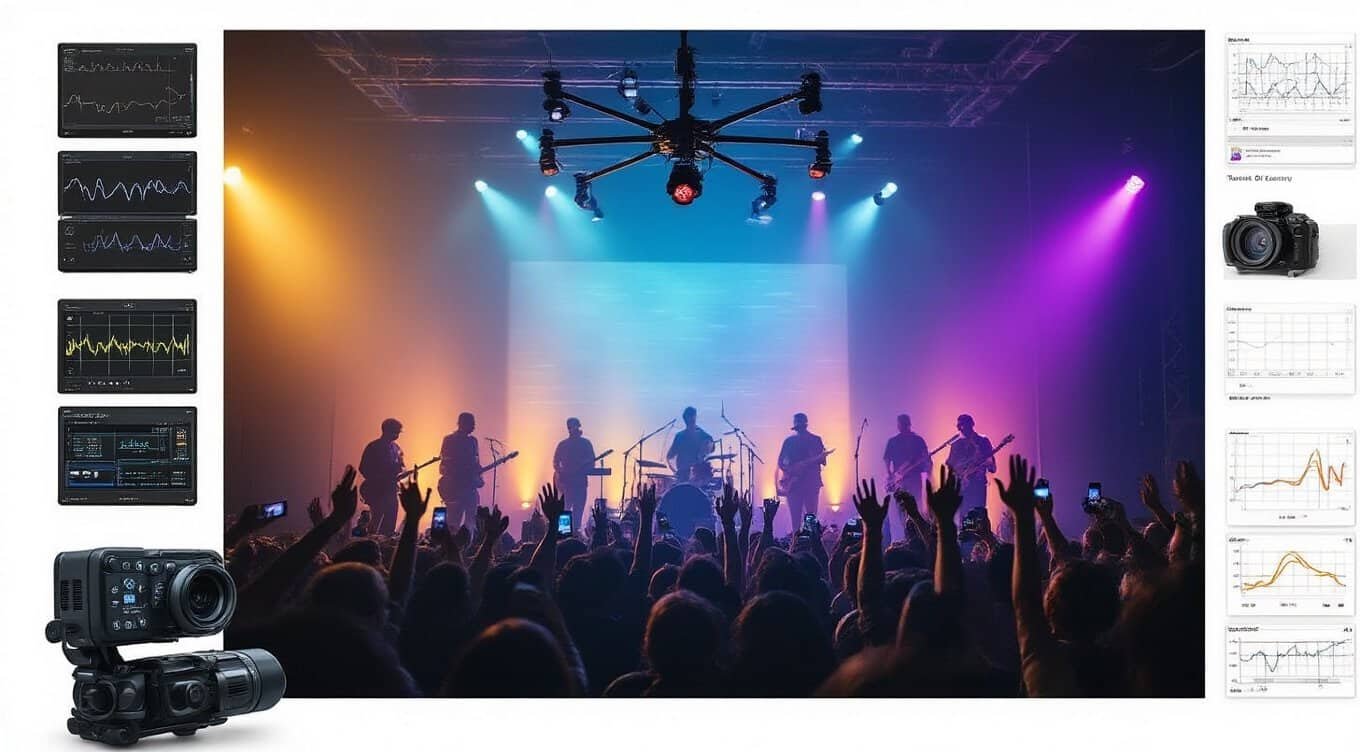Vibrant concert scene featuring a band performing on stage with colorful lighting and enthusiastic crowd capturing the moment.