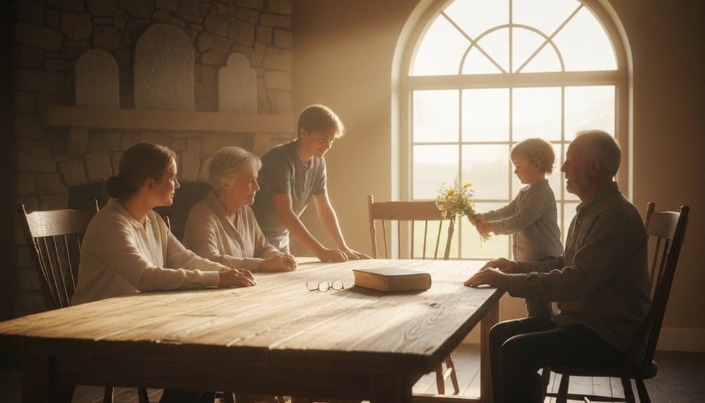A multigenerational family gathers around a wooden table in prayer, with sunlight streaming through a large arched window, emphasizing faith, family, and spiritual connection.
