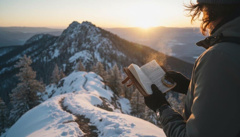 Bible reading in snowy mountain landscape during sunrise, person holding open Bible for prayer and reflection, inspiring faith and hope through scripture.