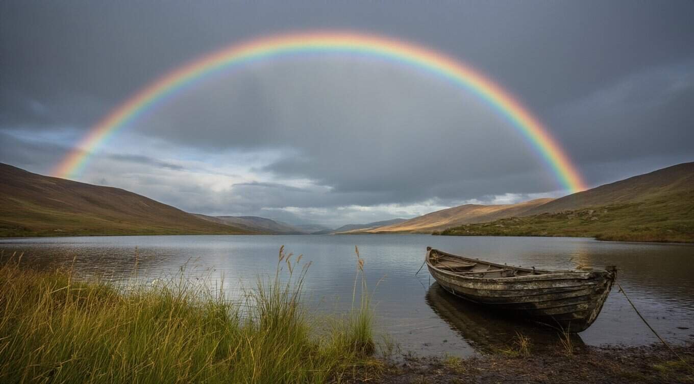 Beautiful rainbow arching over a tranquil lake with an abandoned boat, lush green mountains, and dramatic cloud-filled sky—ideal for promoting faith and hope through biblical themes.