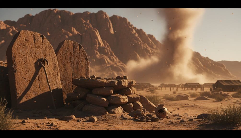 Ancient stone tablets and a pottery jar in a desert with mountains and a distant smoke cloud, highlighting biblical stories of faith and hope amidst adversity.