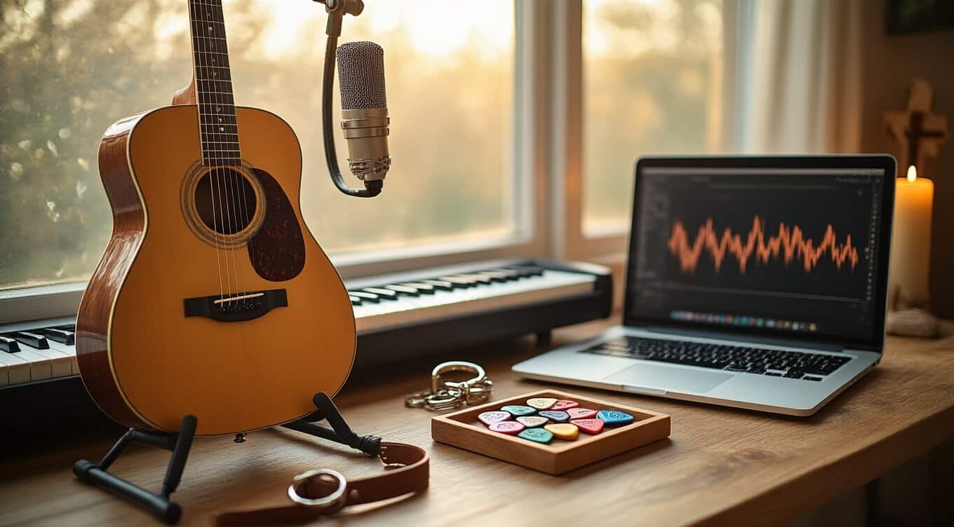 Free Worship Songs Legal Downloads and Royalty-Free Picks My Bible Song 2026 An acoustic guitar, microphone, recording laptop, and music keyboard on a wooden desk for Christian song production.