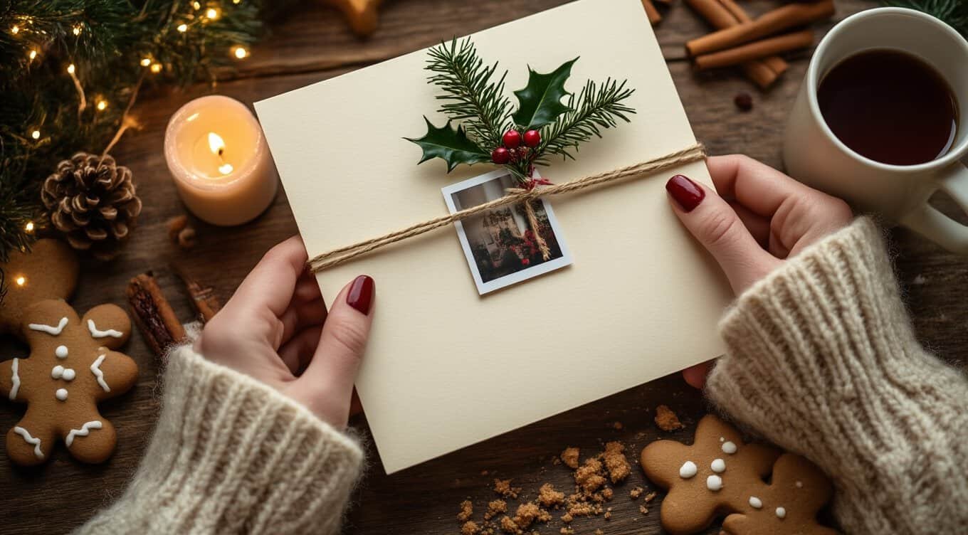 Craft the Perfect Christmas Greeting: Warm Wishes and Short Messages My Bible Song 2026 A heartfelt Christmas gift wrapped with holly and a photo, surrounded by gingerbread cookies and warm candlelight for celebrating faith and holiday joy.