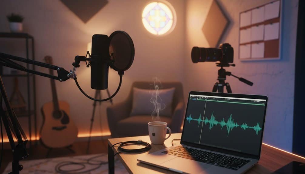 Recording studio setup for creating Christian music, worship songs, and religious hymns with microphones, laptop, and musical instruments for spiritual entertainment and praise.