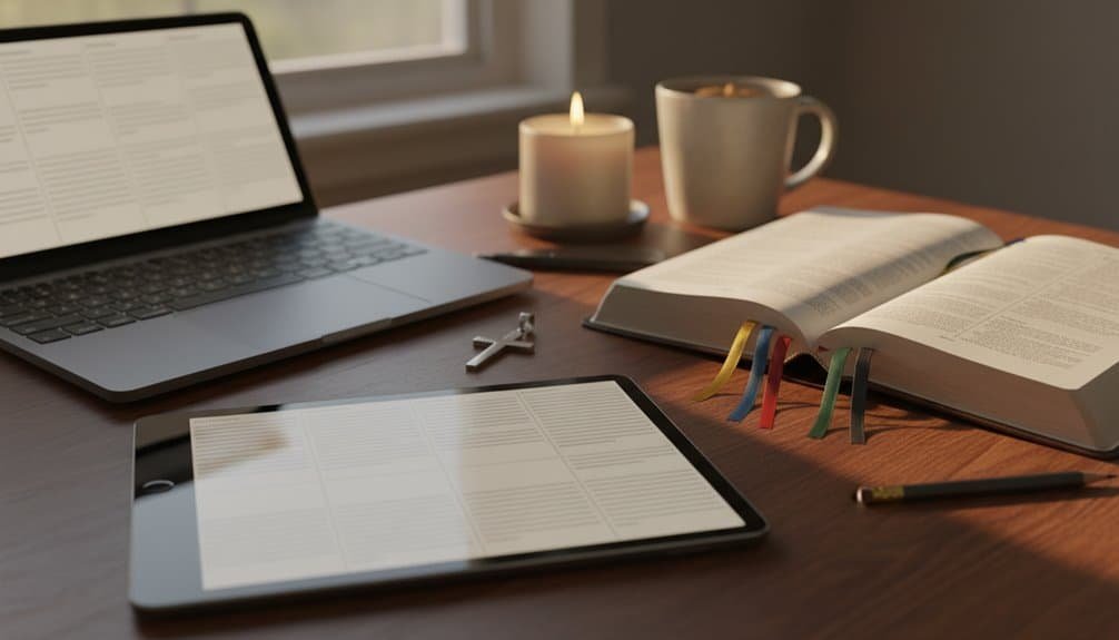 Christian Bible PDF Free Downloads for Study and Devotion My Bible Song 2026 Open Bible with devotional items for prayer and worship, including a cross, candle, coffee mug, and a tablet with scripture notes; ideal for spiritual reflection and studying God's word.