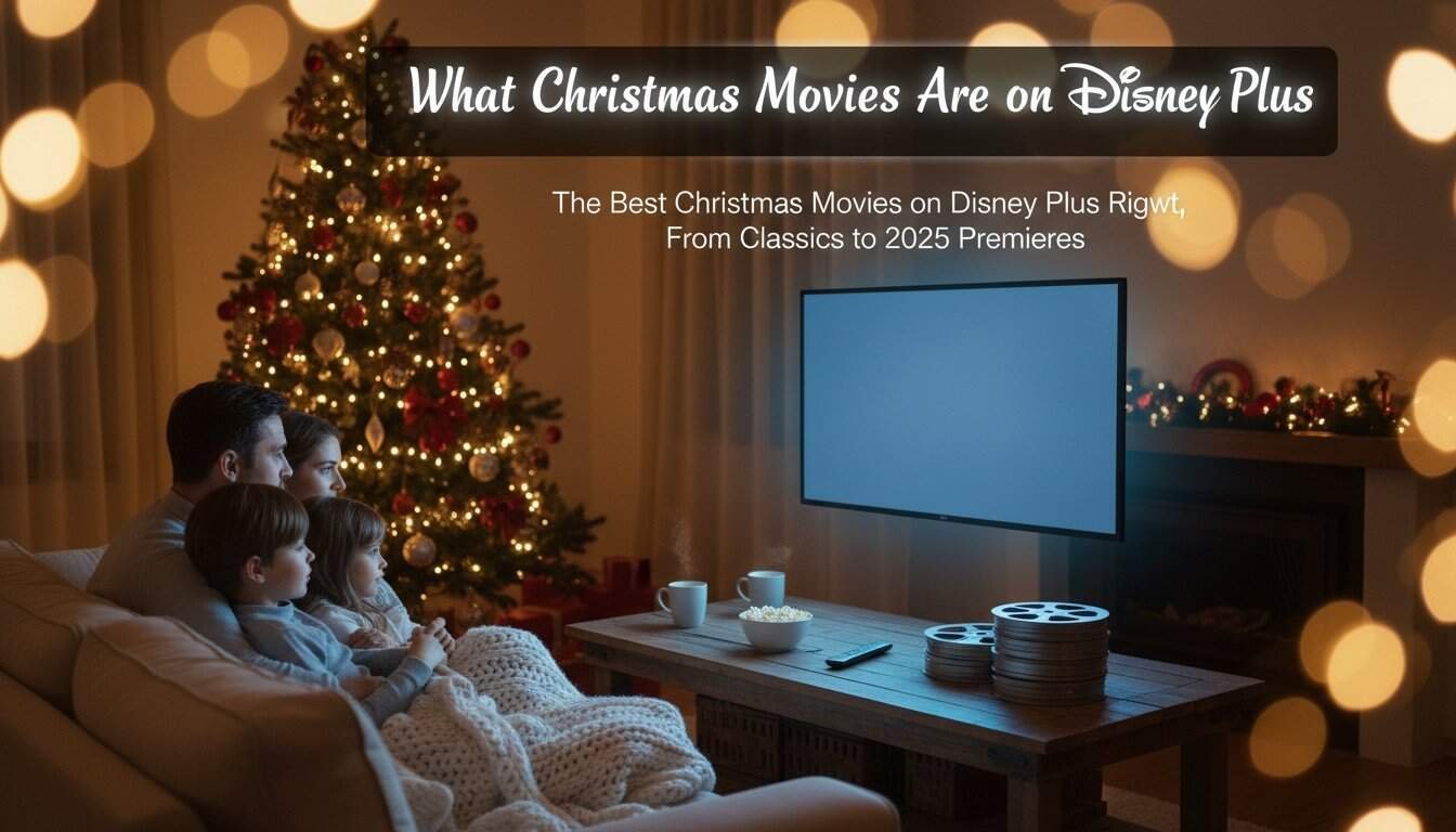 Family watching Christmas movies on Disney Plus in a cozy living room with decorated Christmas tree.