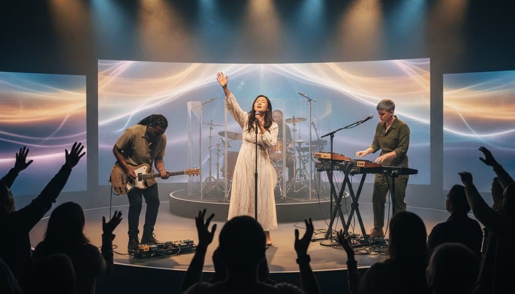 Alt text: A vibrant church worship scene with musicians singing and playing instruments on stage, surrounded by enthusiastic congregation raising their hands in praise.