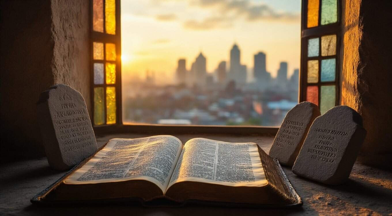 An open Bible on a windowsill with stained glass, illuminated by sunset light, overlooking a city skyline. Perfect for faith, prayer, and Christian worship inspiration.