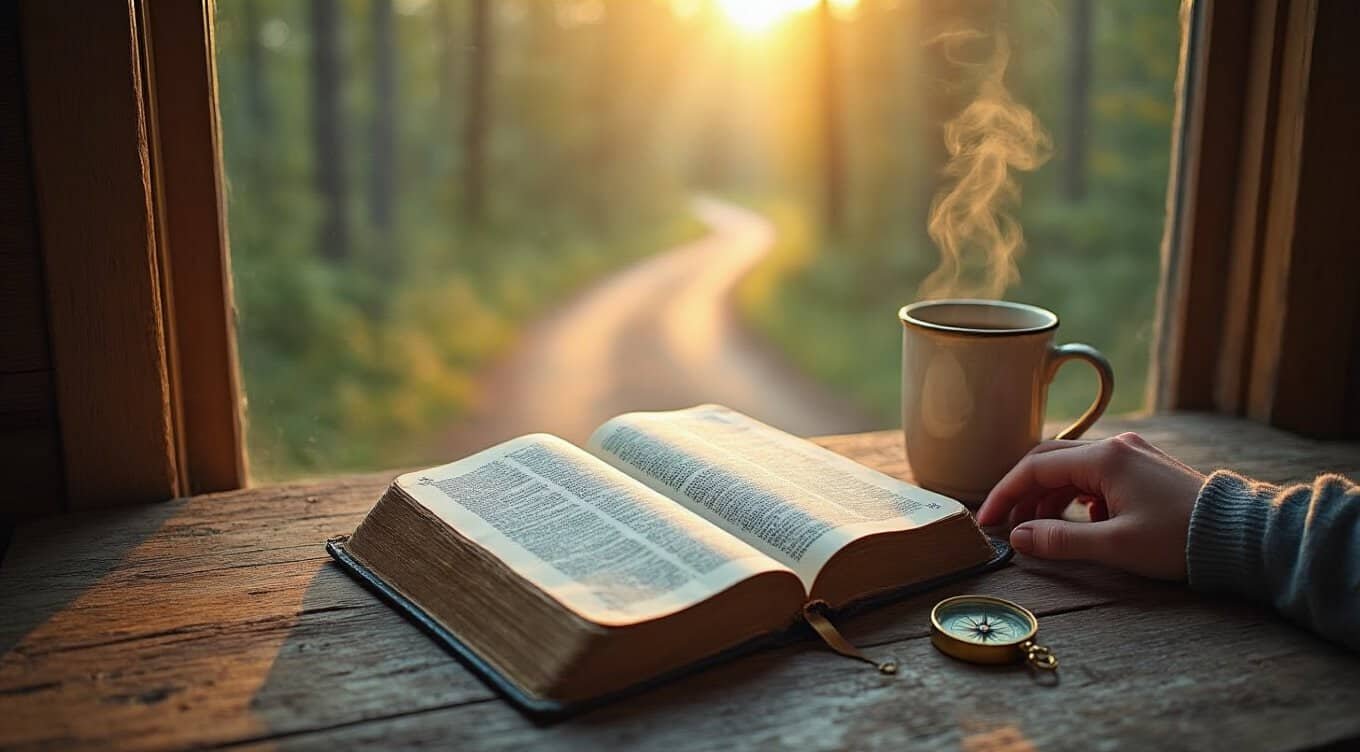 A cozy scene with an open Bible, steaming coffee mug, and compass by a window overlooking a peaceful forest path at sunrise, symbolizing spiritual journey and faith.