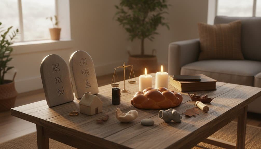 A serene indoor scene featuring a wooden table with candles, religious stones, a small house model, and prayer items, creating a spiritual ambiance for Bible reflection and prayer.