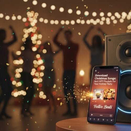 Download Christmas Songs Best MP3 Playlists for Your Holiday Party My Bible Song 2026 Bright Christmas music in celebration, featuring My Bible Song playlist for holiday joy, with festive lights, a speaker, and a smartphone displaying holiday songs for a joyful holiday party.