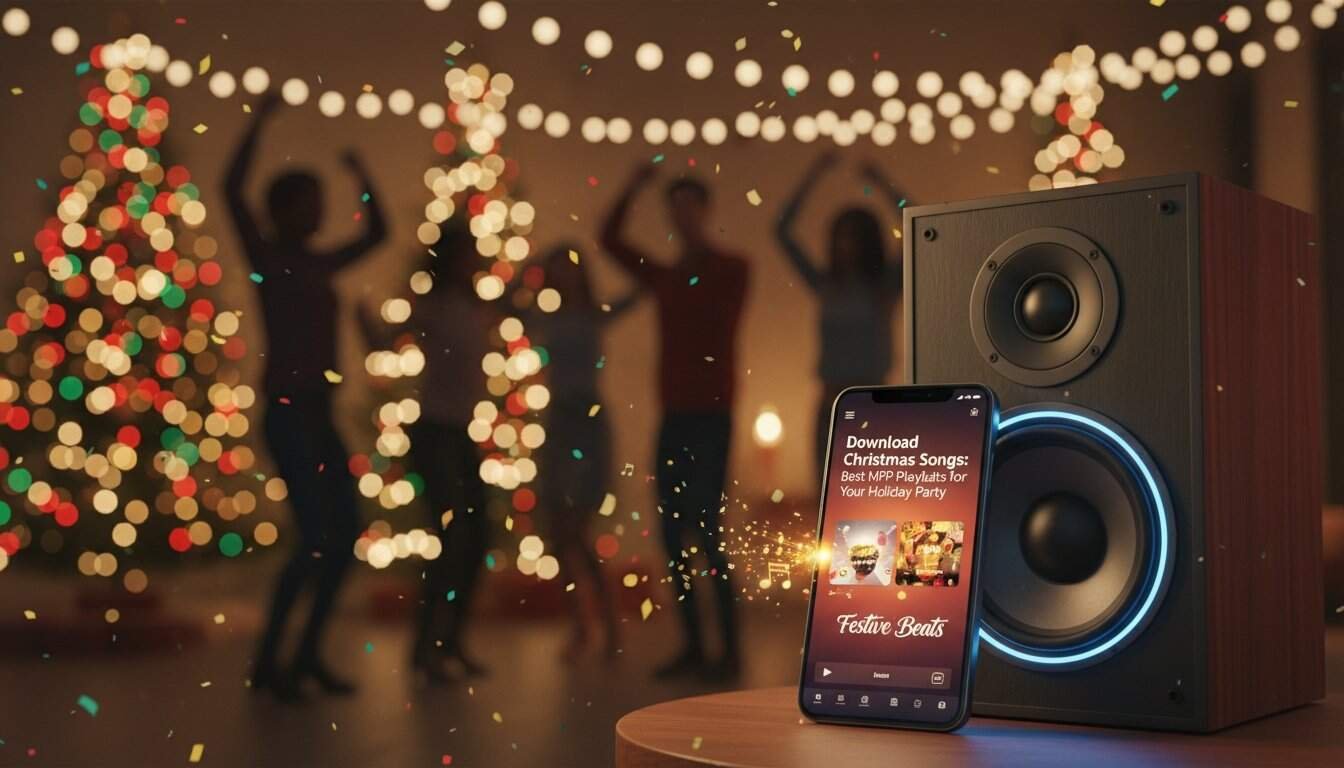 Bright Christmas music in celebration, featuring My Bible Song playlist for holiday joy, with festive lights, a speaker, and a smartphone displaying holiday songs for a joyful holiday party.