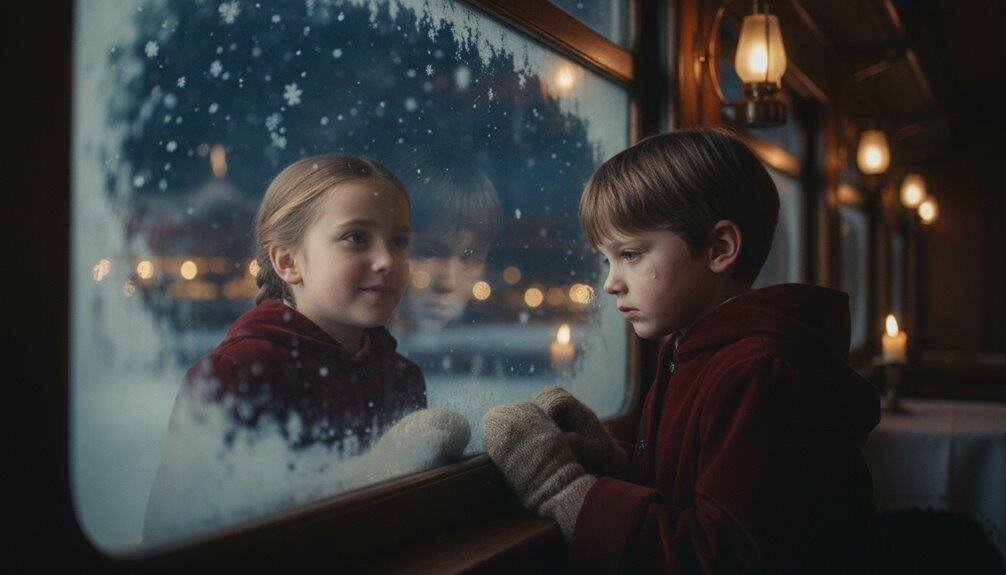 Reflecting innocence and hope, a young girl and boy gaze at each other through a rainy train window, capturing the emotional connection and spiritual warmth of Christian family moments.