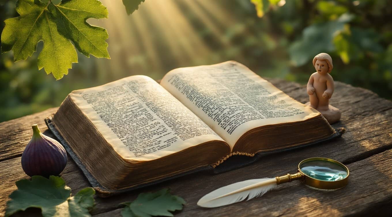 Bible open with sunlight, small figurine, magnifying glass, and fig on rustic wooden surface in nature.