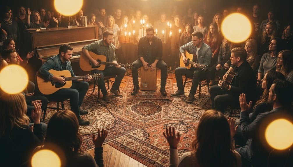 People praying and worshiping during a Christian music session with guitars, candles, and a warm, spiritual atmosphere.