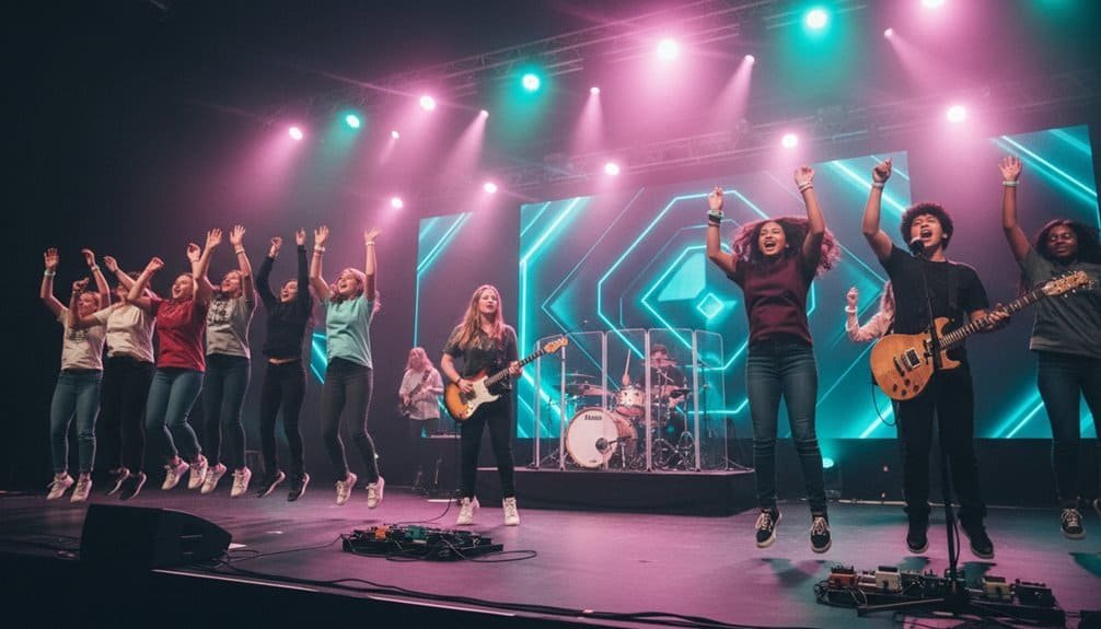 Vibrant youth biblical music concert with energetic worship team and live band, emphasizing praise, faith, and community in a dynamic church environment.