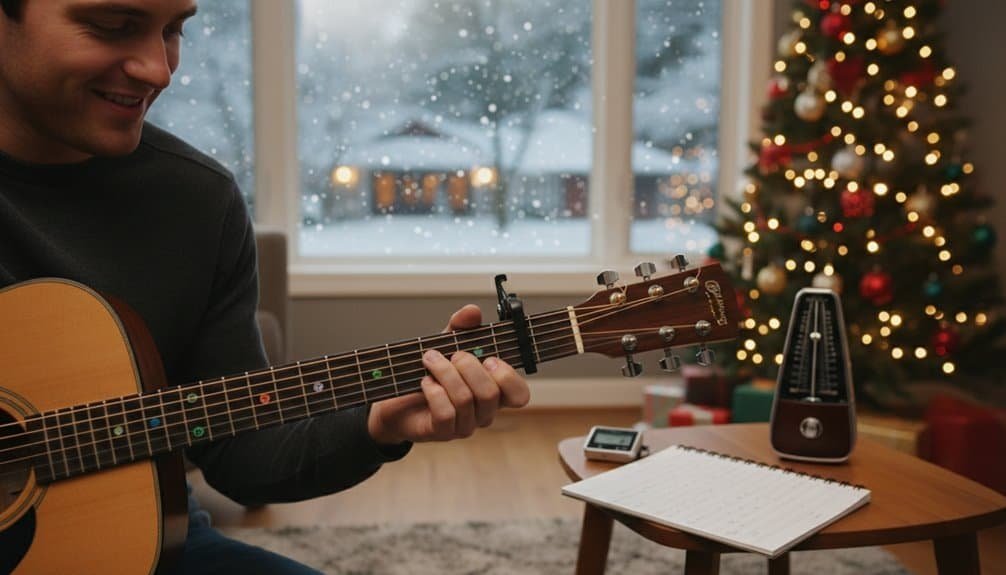 Guitar player enjoying Christmas music in cozy living room with decorated Christmas tree, snow outside window, and festive holiday atmosphere.