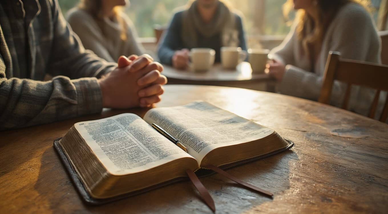 A group of people praying and studying the Bible together around a wooden table, with open scripture and coffee cups, emphasizing faith, prayer, and religious community.