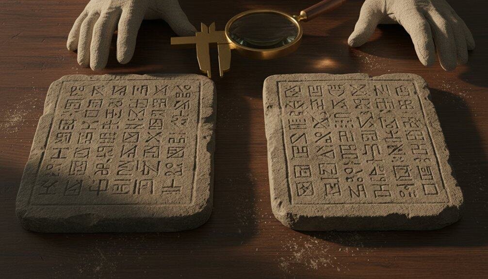 Ancient stone tablets with carved biblical inscriptions, illuminated by a magnifying glass and gloved hands, symbolizing biblical archaeology and faith.