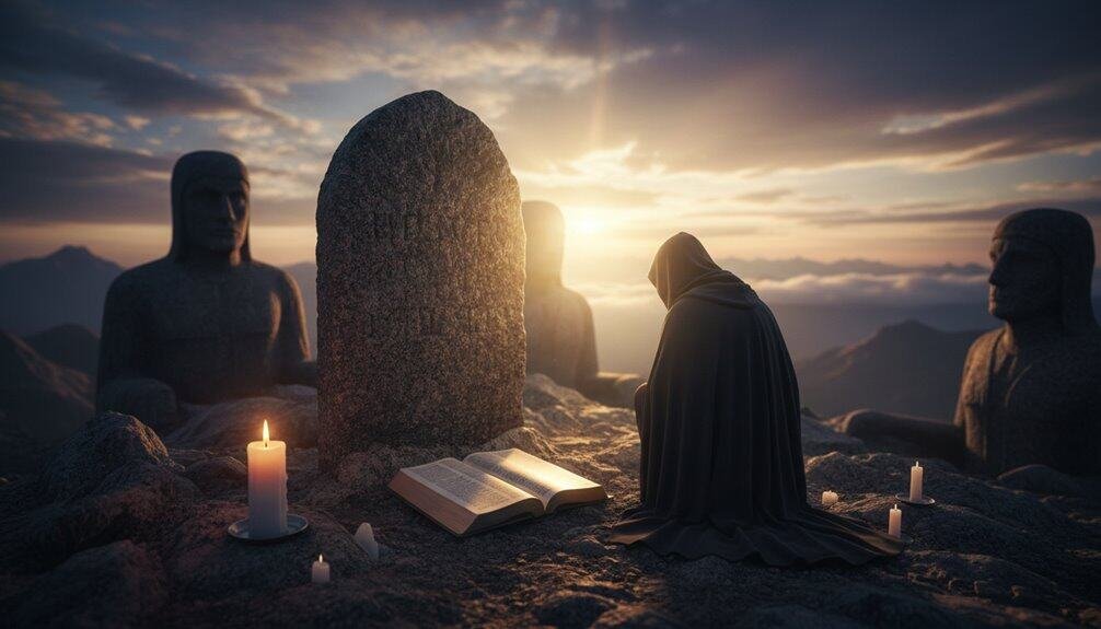 A person kneeling in prayer at sunset amidst ancient stone statues and candles, symbolizing faith and devotion in a spiritual mountain setting. Perfect for showcasing Bible-inspired worship moments.