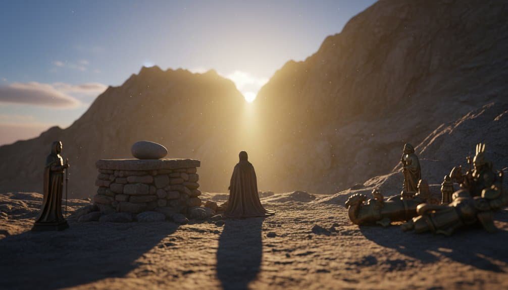 Detailed biblical nativity scene with figurines of Mary, Joseph, and wise men at sunrise, symbolizing the birth of Jesus, emphasizing faith, hope, and salvation. Perfect for Christian inspiration and religious decor.