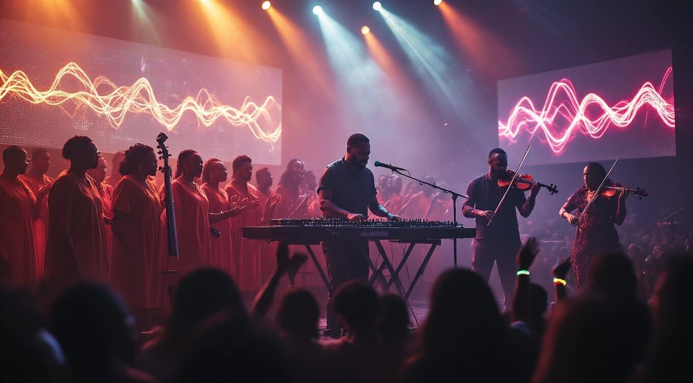 Vocal choir and musicians performing live gospel music with a digital light display in the background at a concert or worship event.