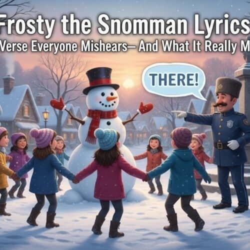 Cute snowman interacting with children in winter scene.