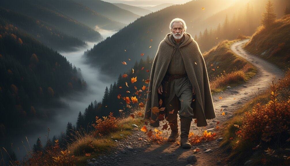 A serene image of an elderly man walking along a mountain path during sunrise, symbolizing faith and reflection, perfect for promoting My Bible Song and Christian music resources.