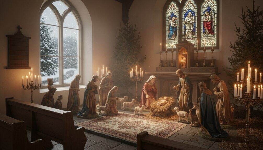 1. Nativity scene with Jesus, Mary, Joseph, shepherds, and angels inside a church with stained glass windows and Christmas trees, representing the birth of Jesus.