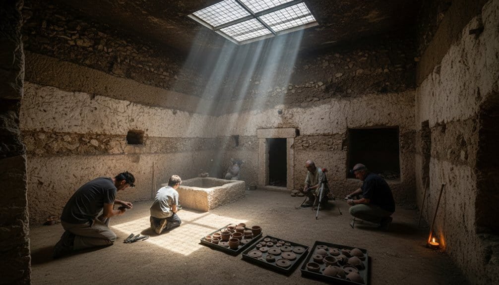 An archaeological team uncovers pottery in a dimly lit ancient cave with sunlight streaming through a crack above, revealing history and discovery.